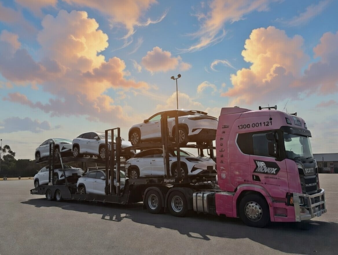 Car carrier truck transporting vehicles on Australian highway at golden sunset