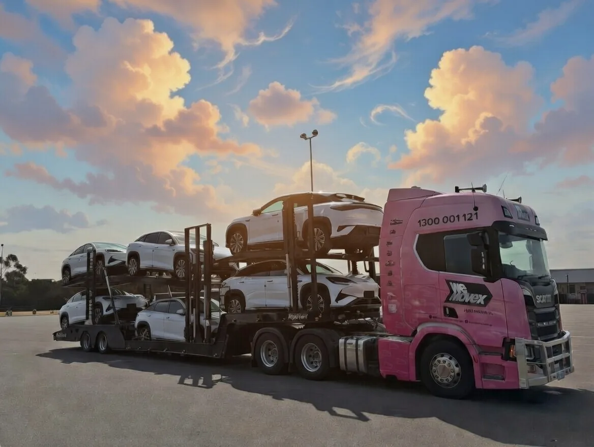 Car carrier truck transporting vehicles on Australian highway at golden sunset