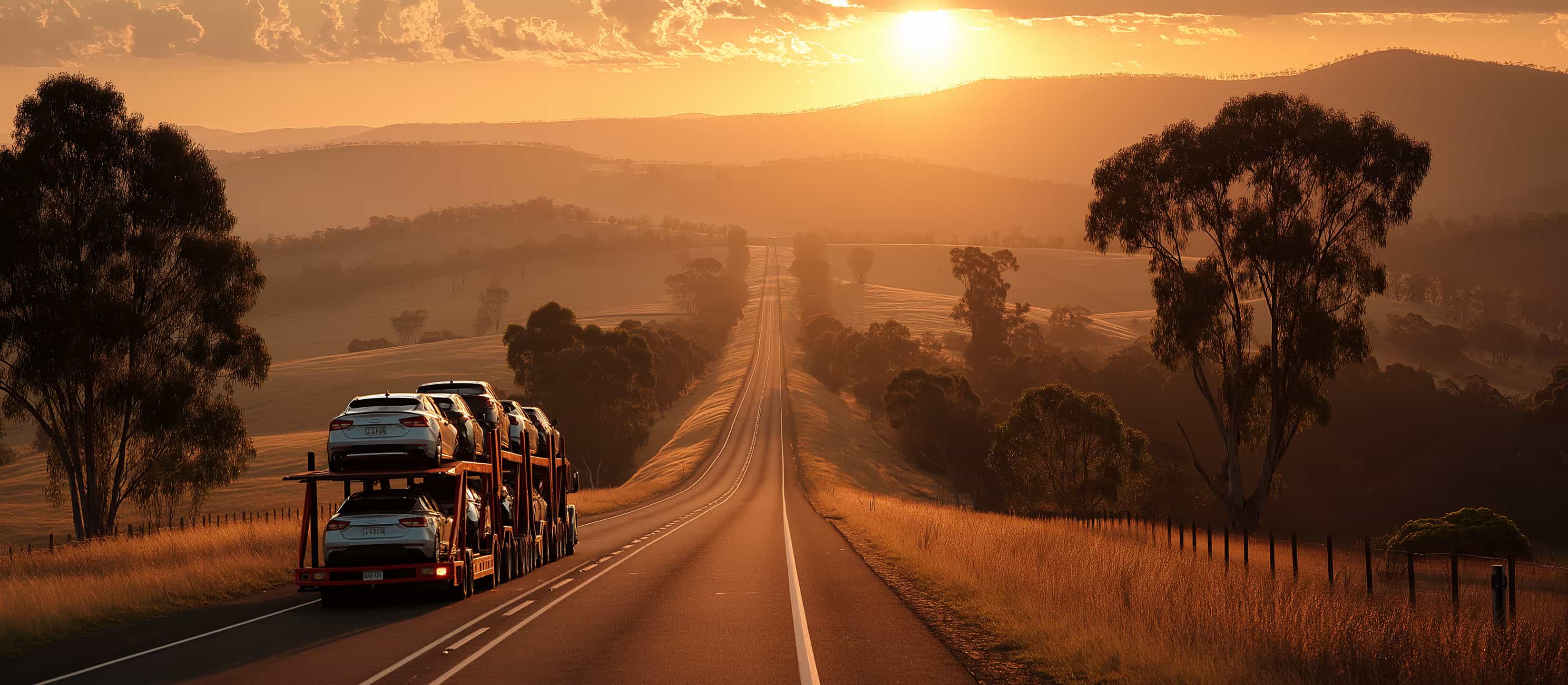 Car transport truck on Australian highway at golden sunset