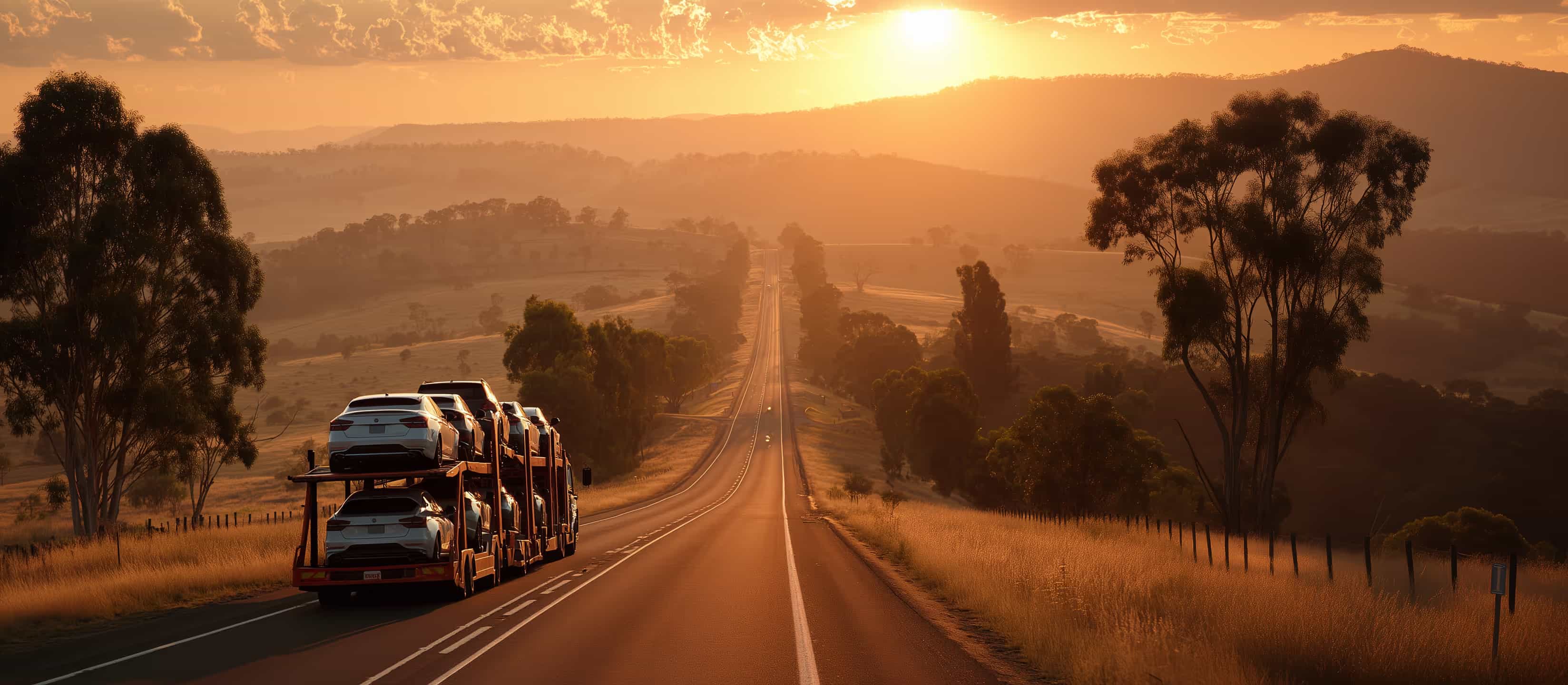 Car carrier truck transporting vehicles on Australian highway at golden sunset