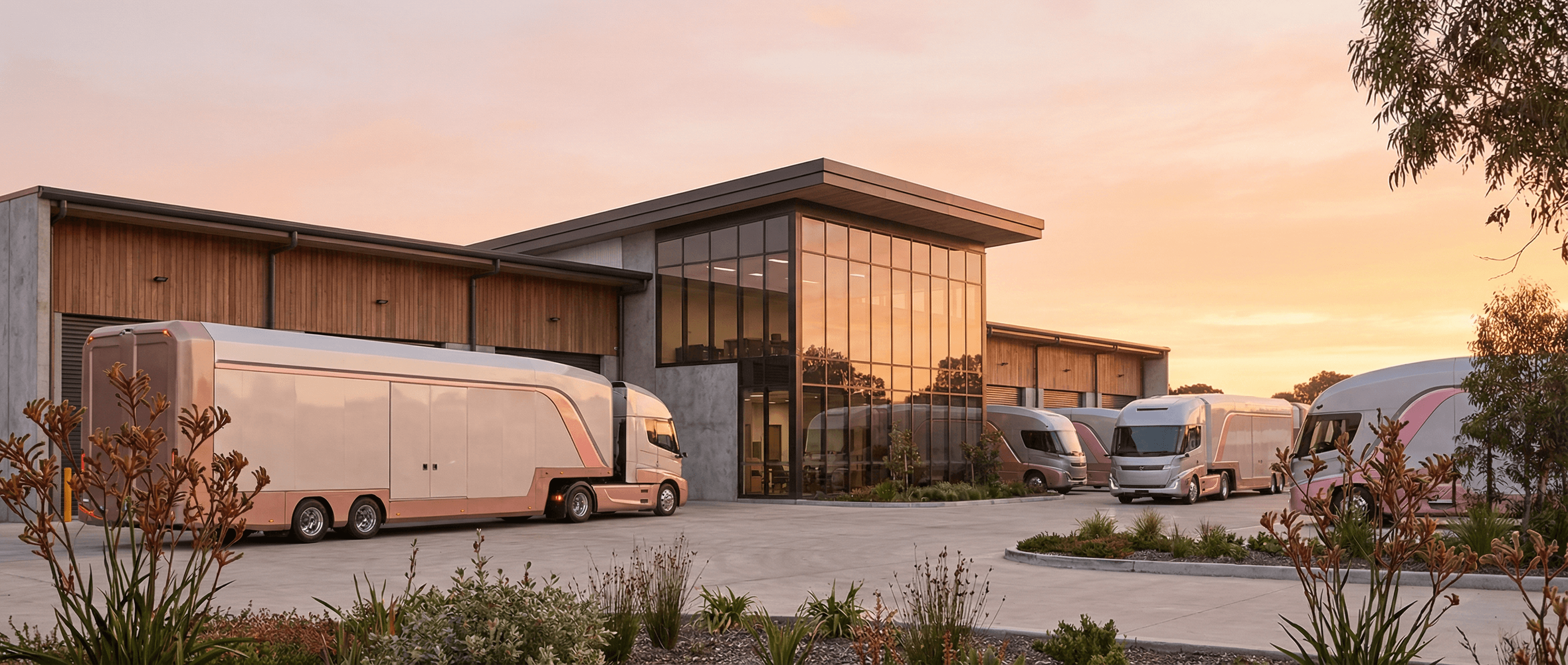 Enclosed vehicle transport carriers parked at a modern depot
